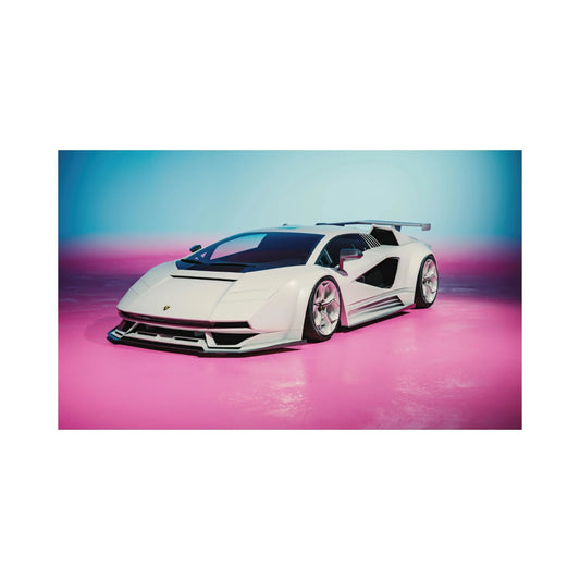 White Lamborghini sports car with aerodynamic design on glossy pink floor and blue gradient background