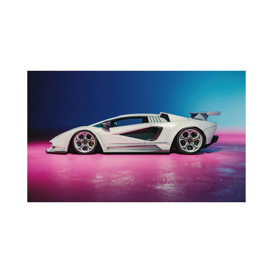 White low-profile sports car with rear spoiler on pink floor and blue gradient background