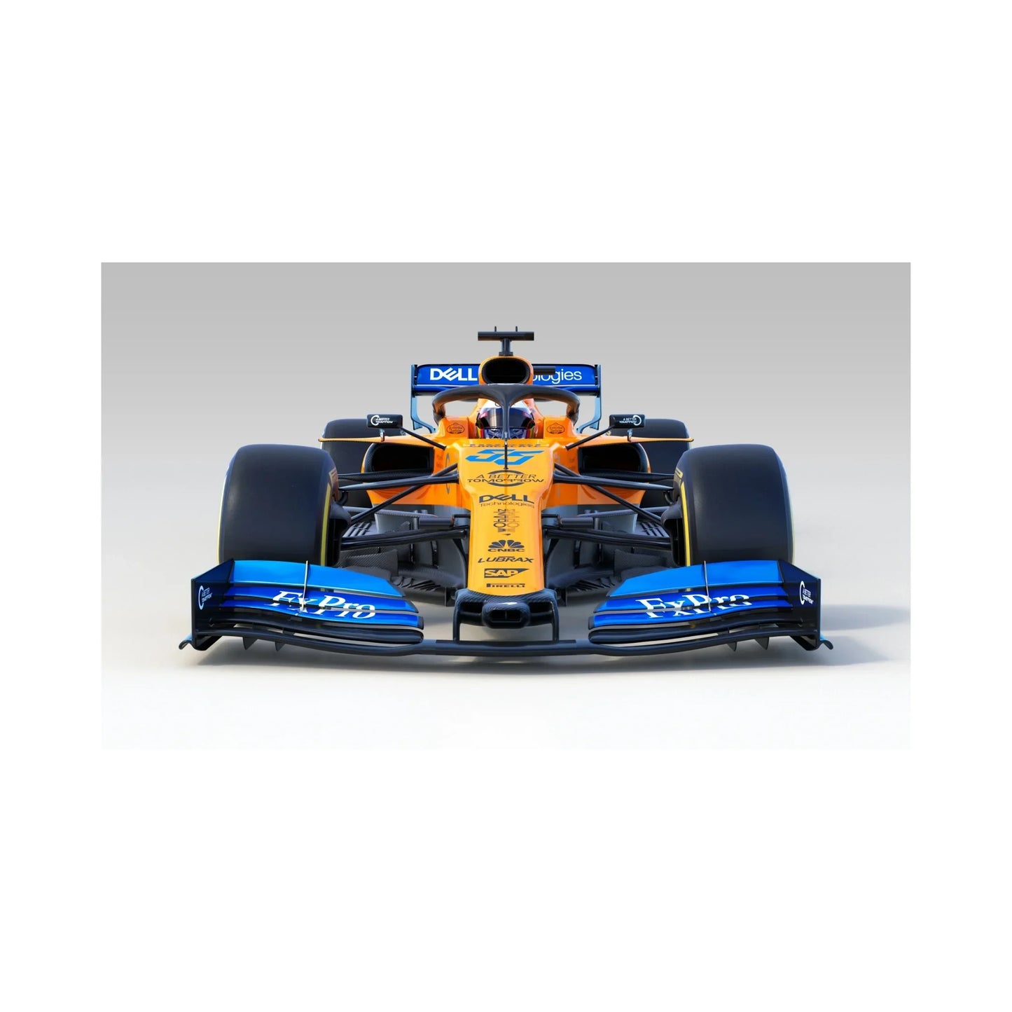 Front view of orange and blue McLaren Formula 1 race car with Dell and FxPro logos