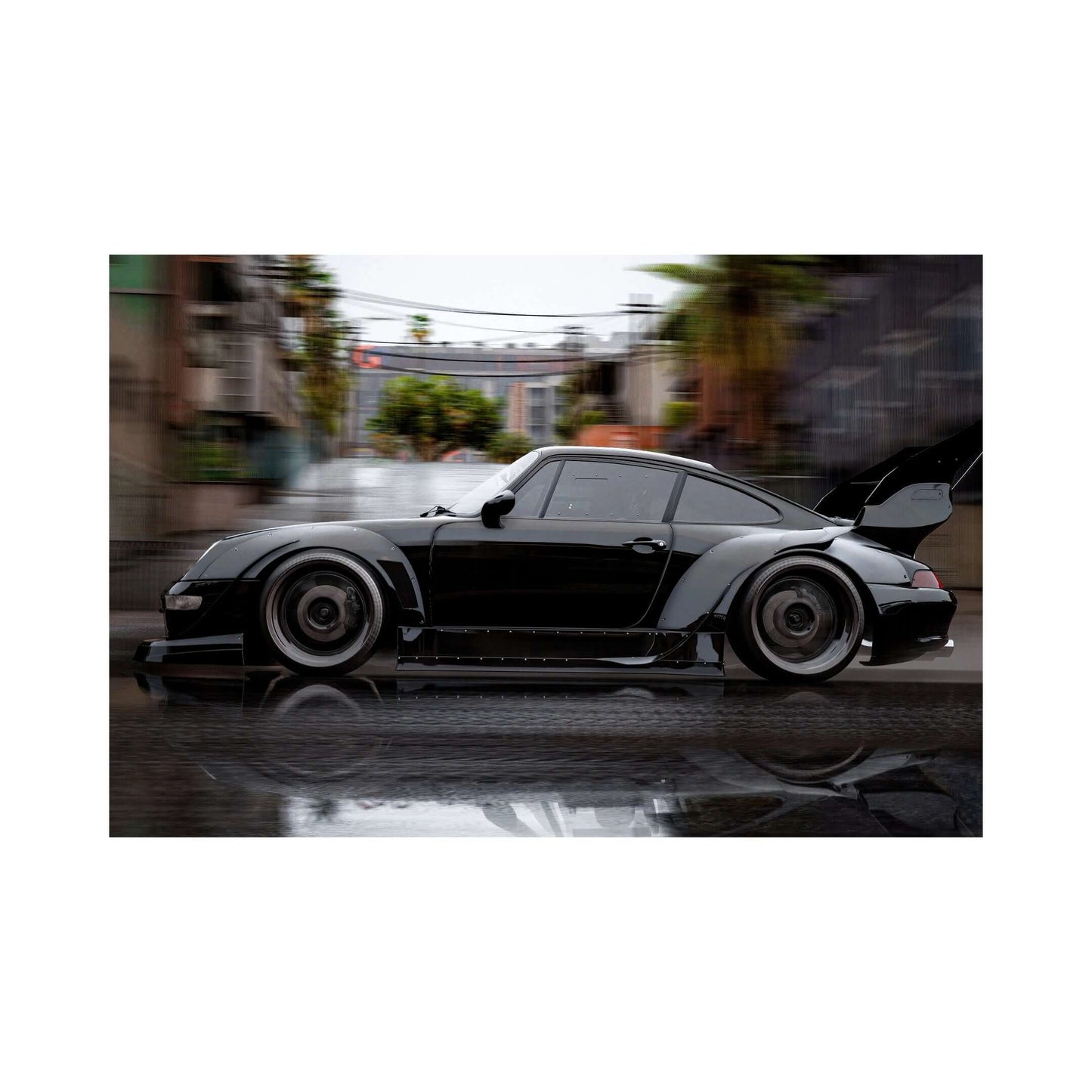 Black Porsche car art in rain motion style for automotive enthusiasts in UAE