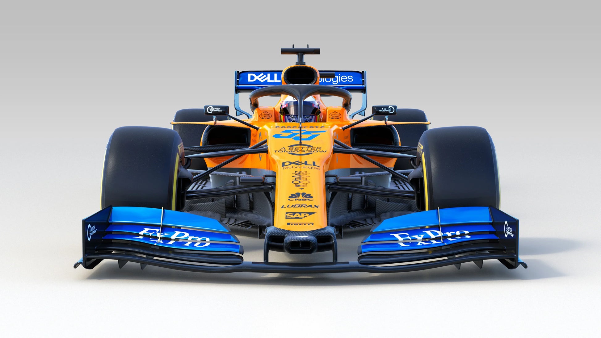 Front view of an orange and blue 2019 McLaren MCL34 Formula 1 race car with visible sponsors and aerodynamic details