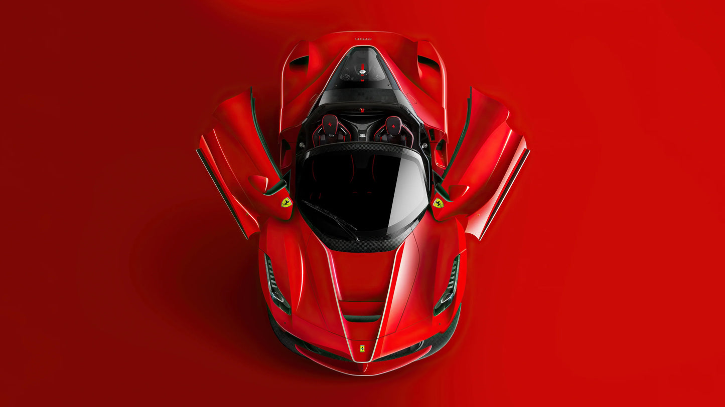 Top view of red Ferrari LaFerrari Aperta with open butterfly doors on red background