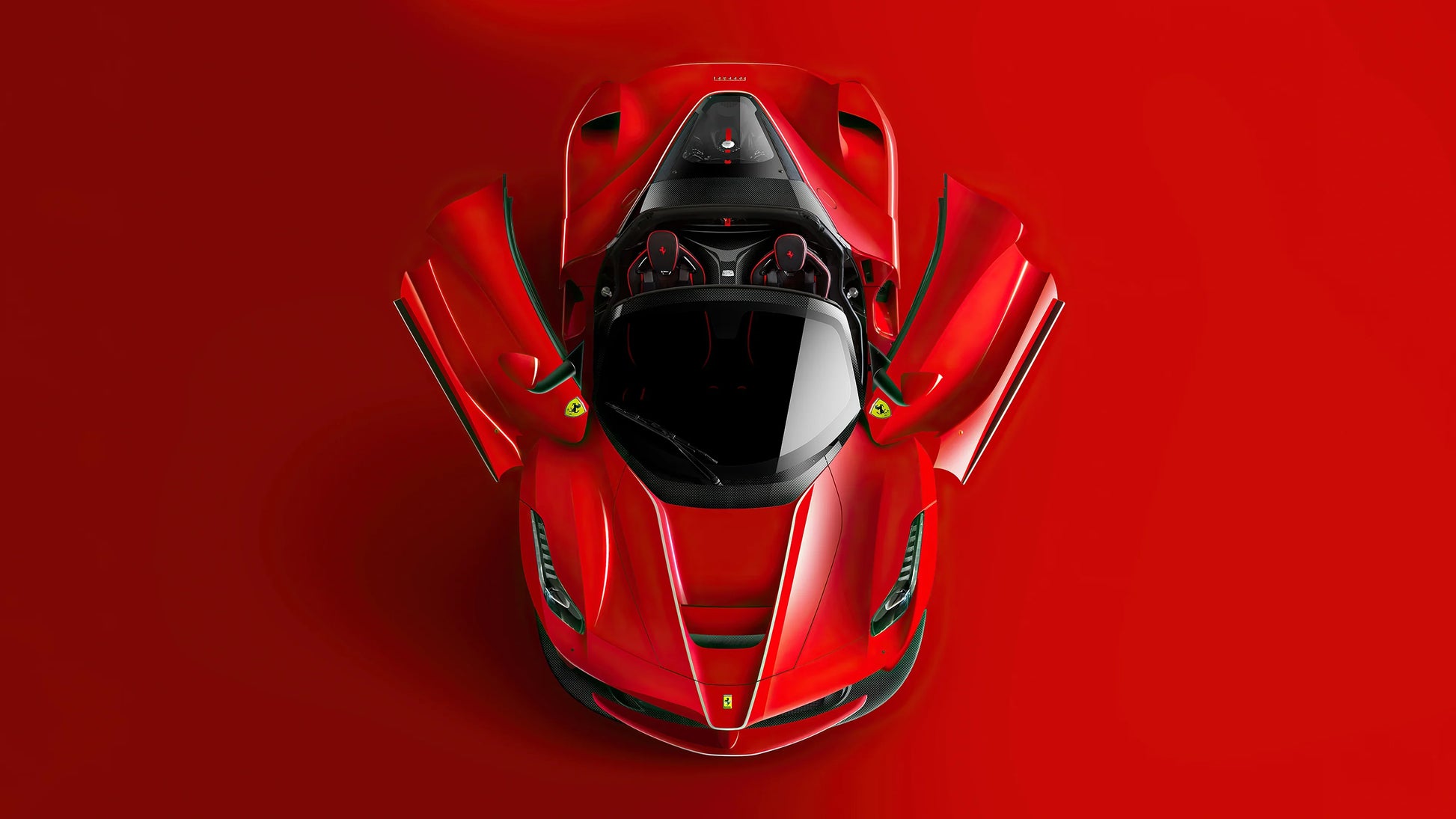Top view of red Ferrari LaFerrari Aperta with open butterfly doors on red background