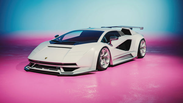 White Lamborghini Countach concept car on pink floor with blue gradient background