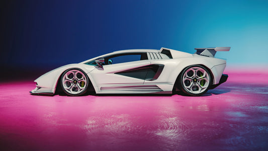 White Lamborghini Countach concept side view on pink reflective floor and blue gradient background