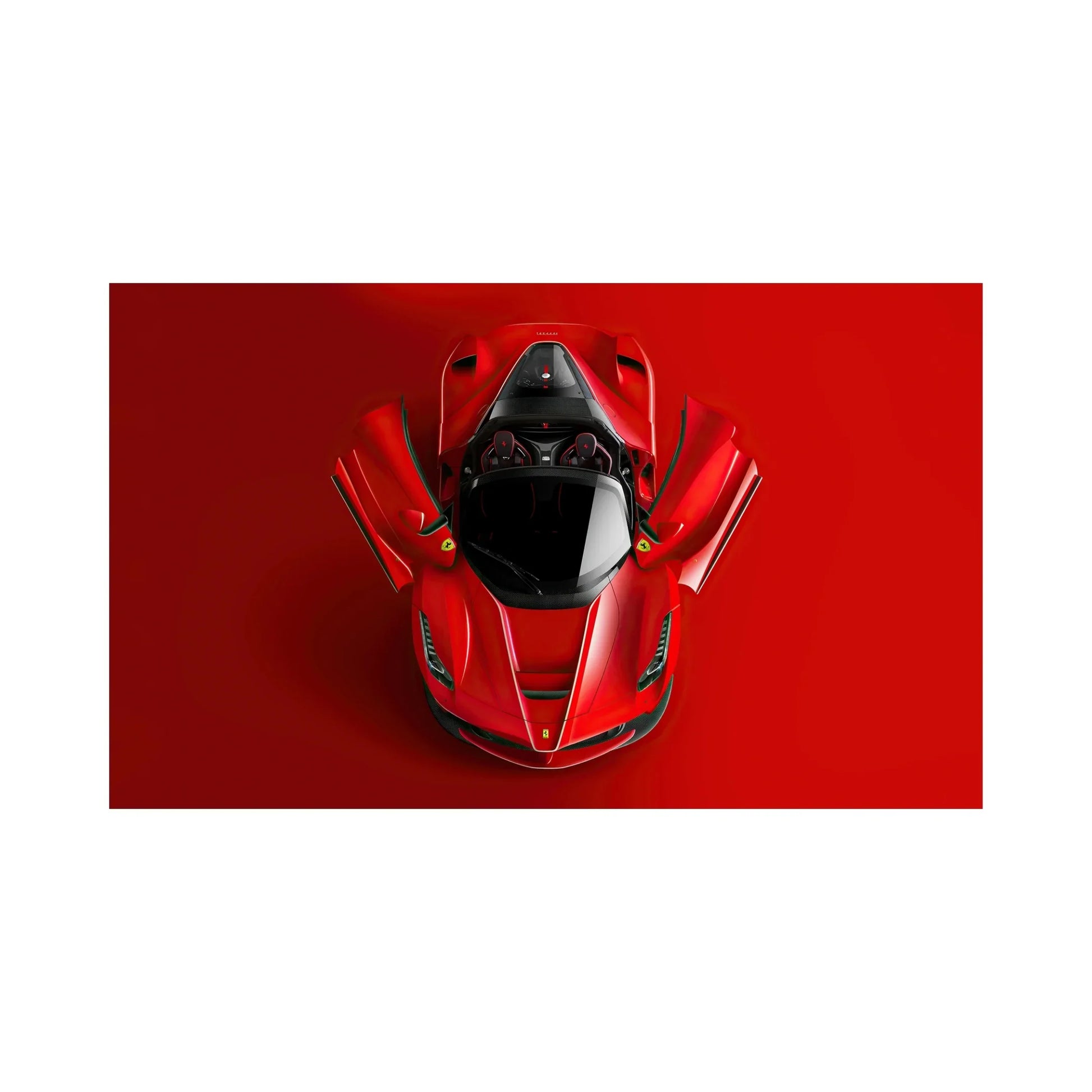 Top view of red Ferrari sports car with open butterfly doors on red background