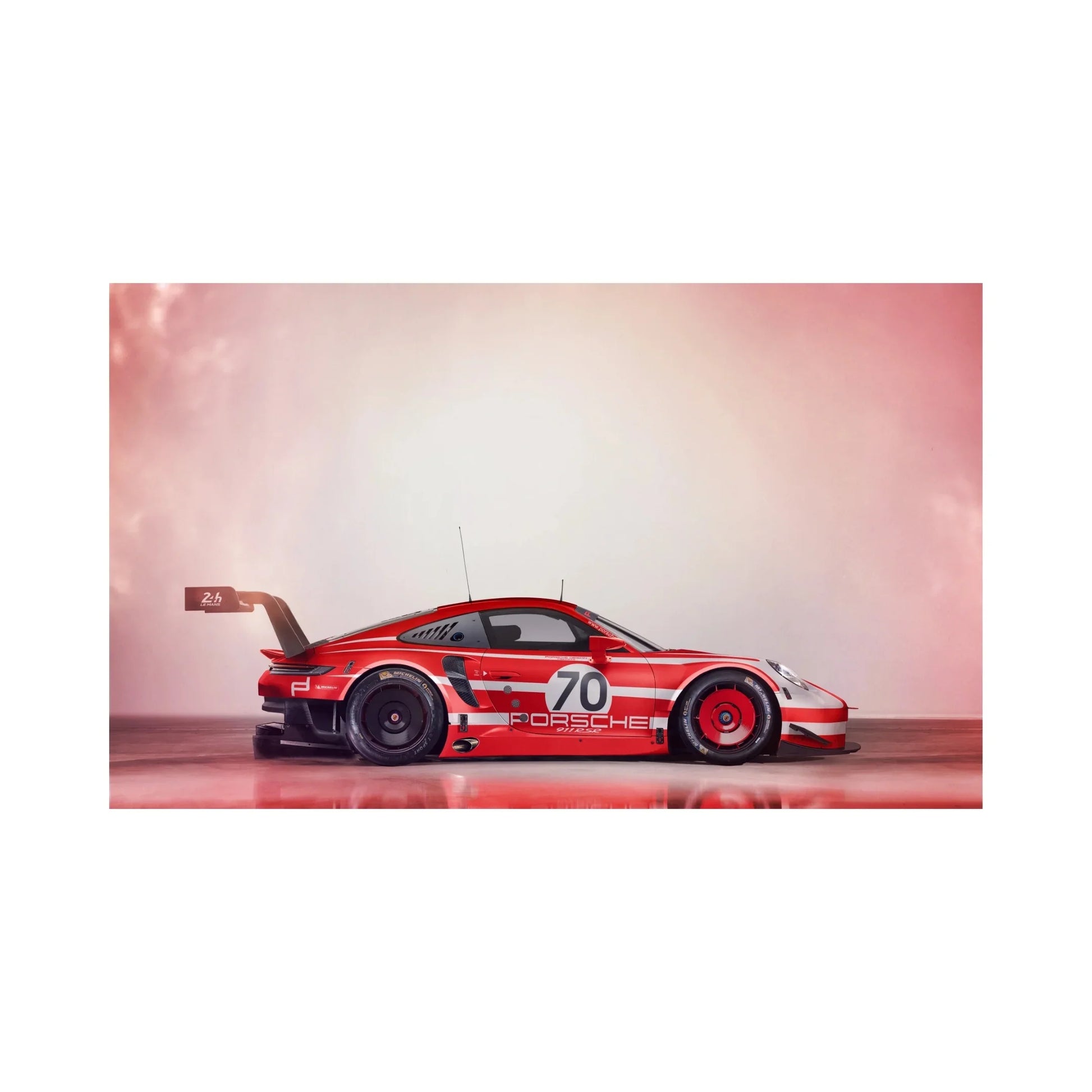 Red and white Porsche 911 RSR race car number 70 with large rear wing on reflective surface
