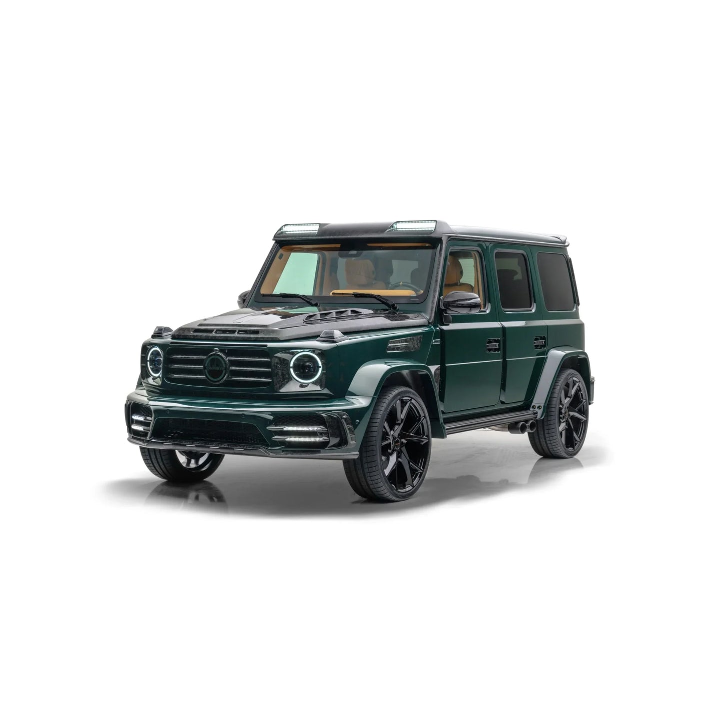 Dark green luxury SUV with black wheels and roof lights on white background