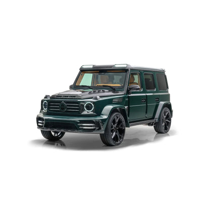 Dark green luxury SUV with black wheels and roof lights on white background
