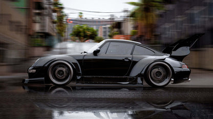 Black Porsche car art in rain motion style for automotive enthusiasts in UAE